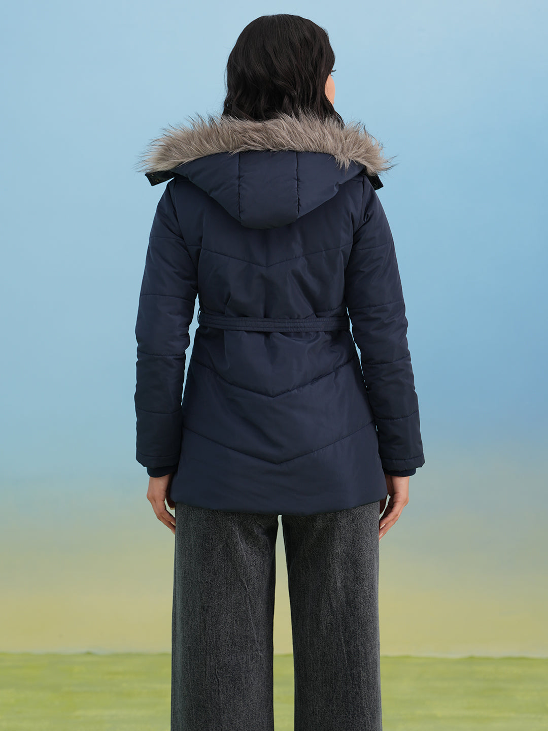 Navy Blue Hooded Neck Quilted Belted Jacket