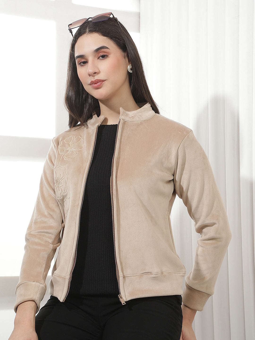 Beige Jacquard High Neck Sweatshirt