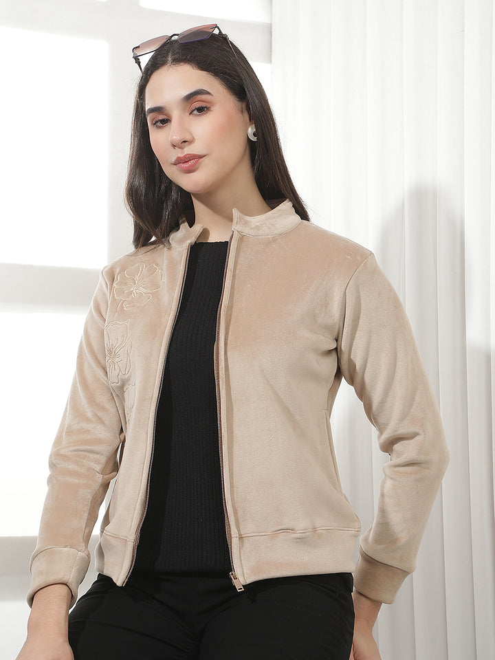 Beige Jacquard High Neck Sweatshirt