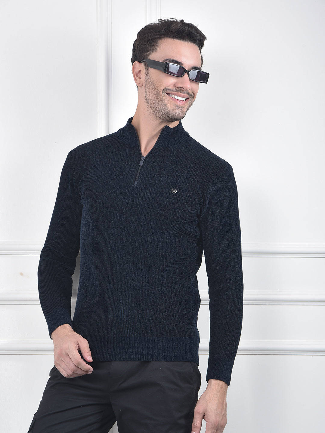 Blue Jacquard High Neck Sweater