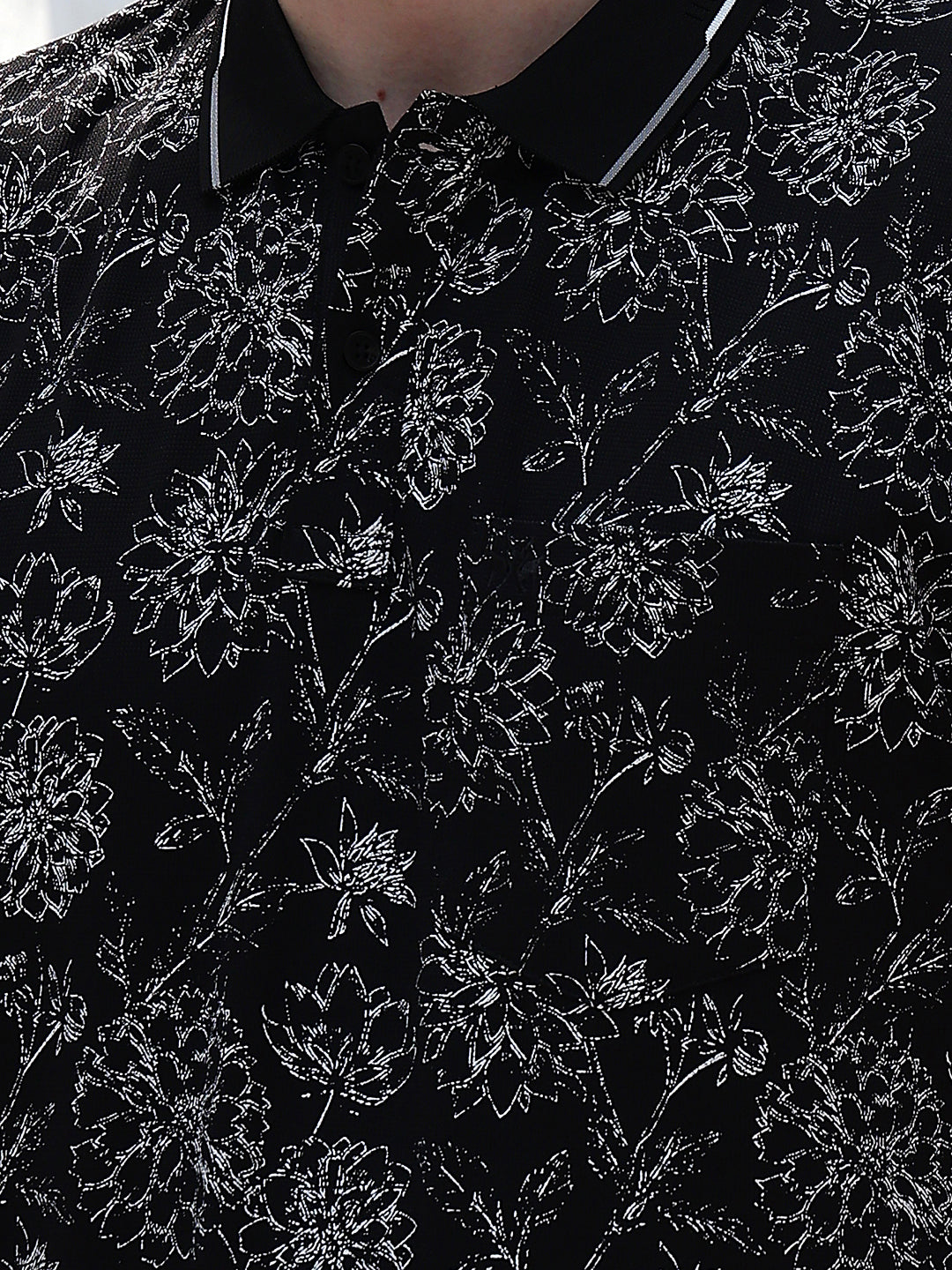 Black Floral Print Polo Neck T-Shirt