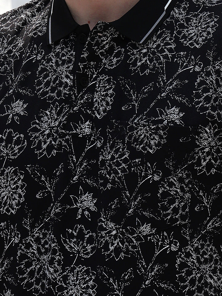Black Floral Print Polo Neck T-Shirt