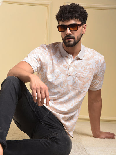 Peach Floral Print Polo-Neck T-Shirt