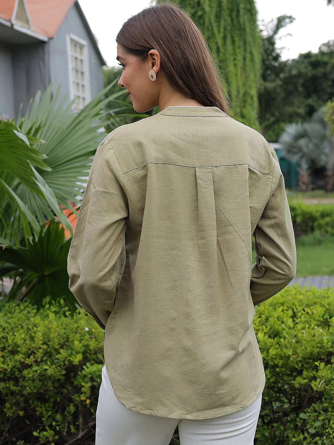 Olive Floral Embroidered V-Neck Shirt