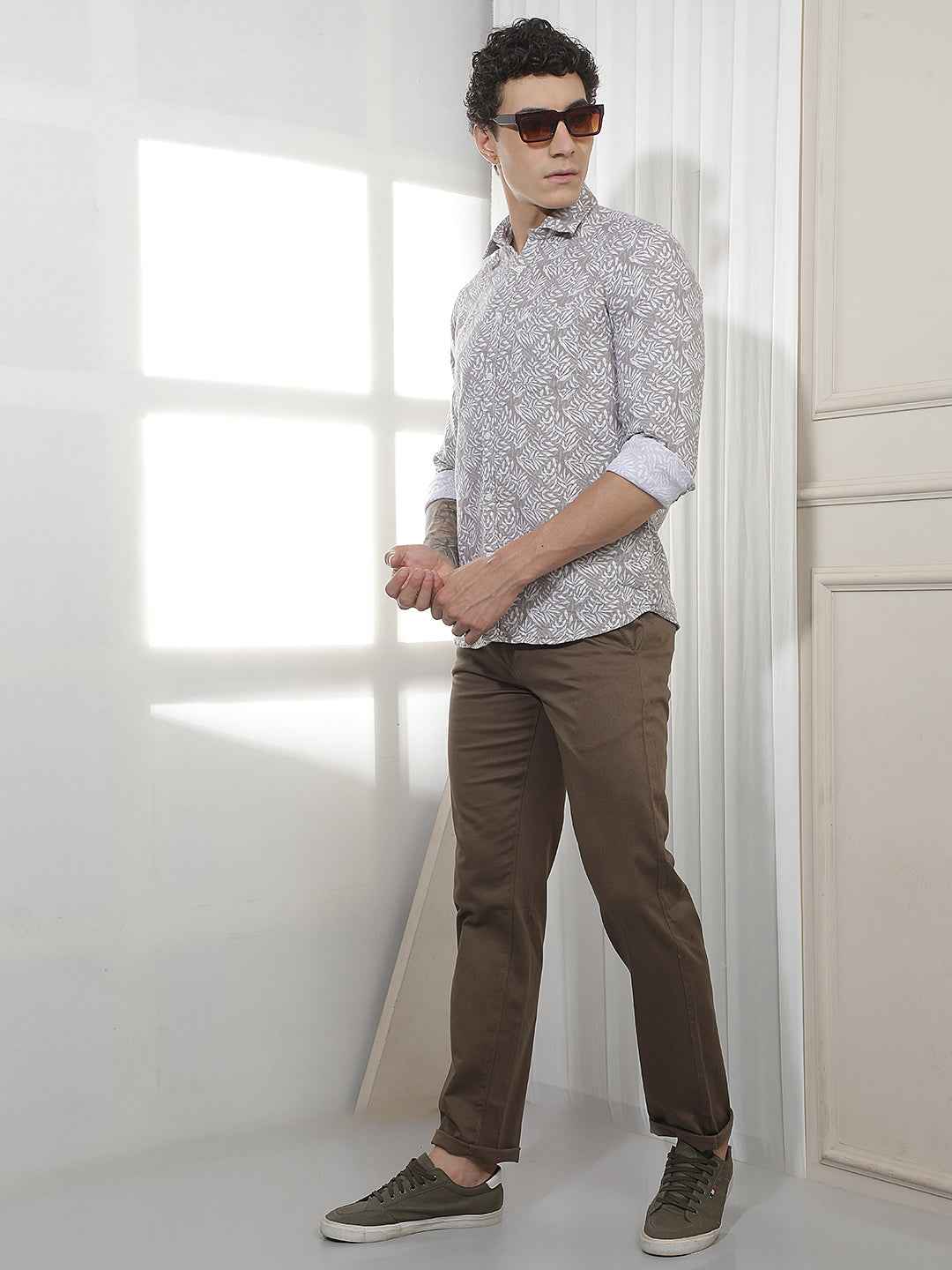 Brown Printed Straight Cotton Trousers
