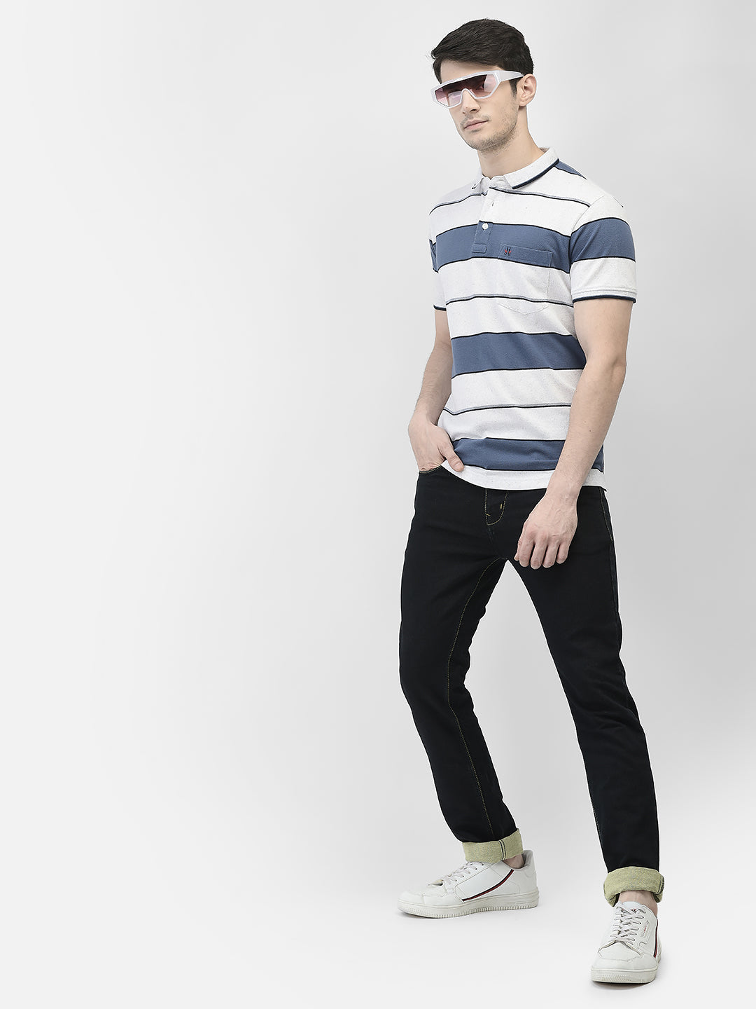 Off White Horizontal Stripes Polo Neck T-Shirt
