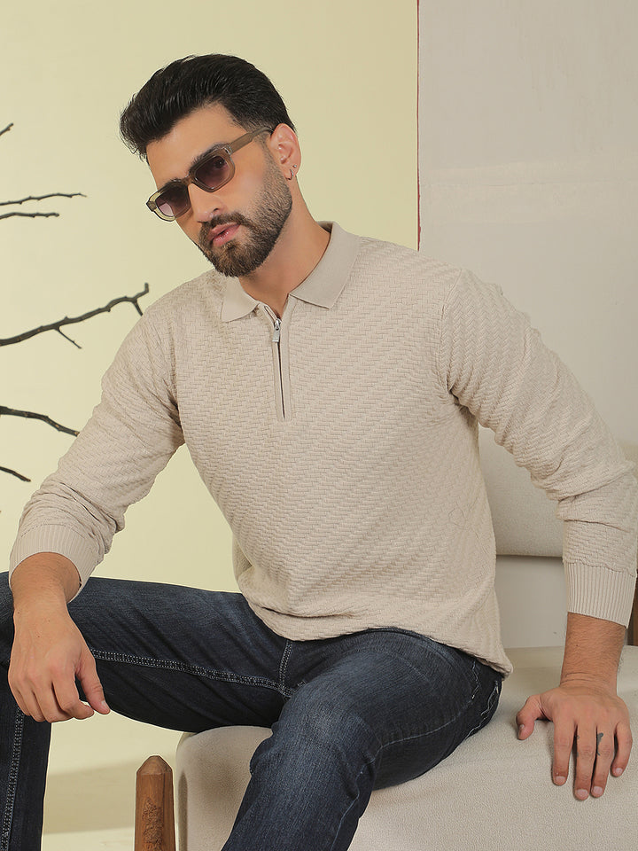 Beige 100% Cotton Knitted Polo Neck Sweater