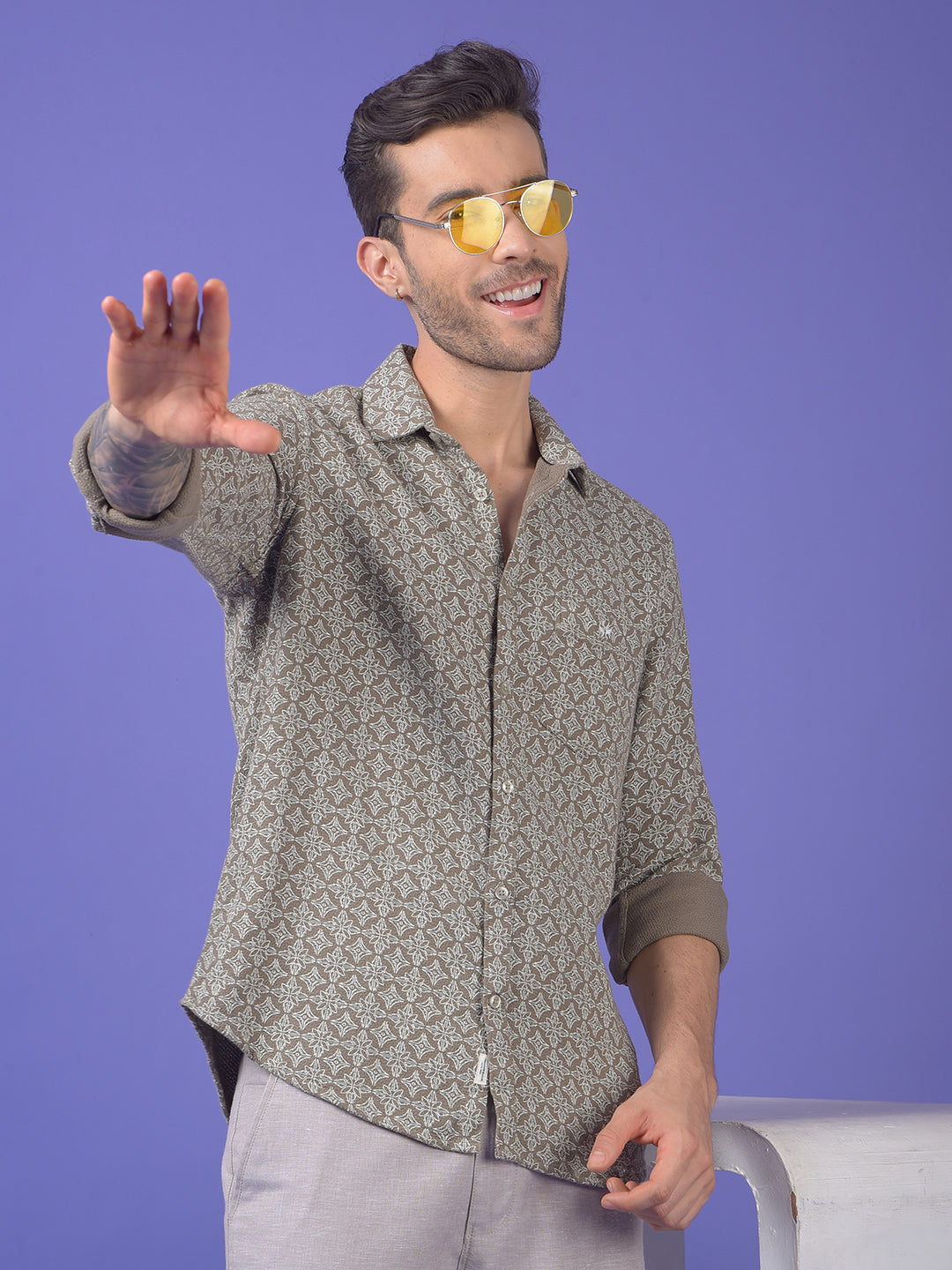 Olive Printed 100% Cotton Shirt