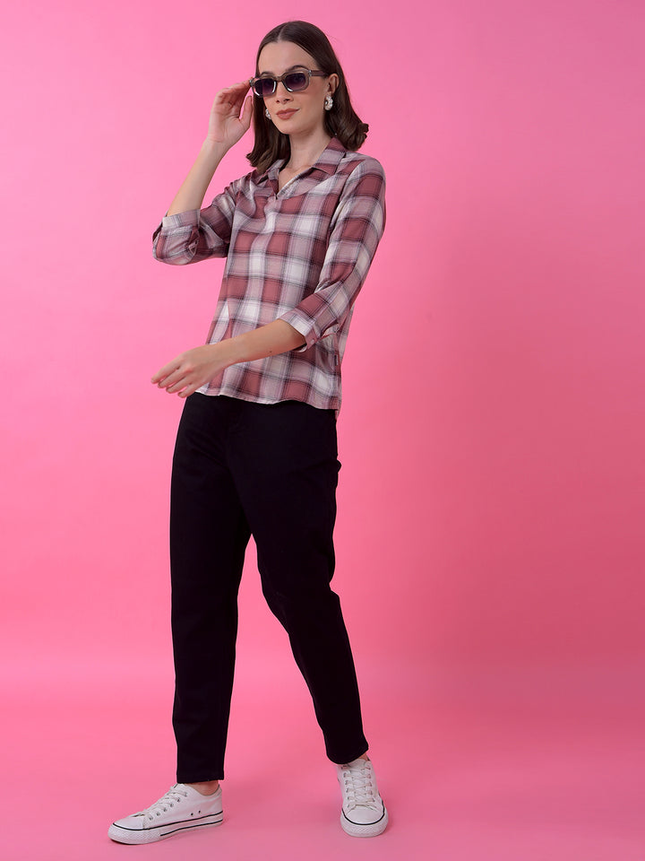 Pink Checked V-Neck Top