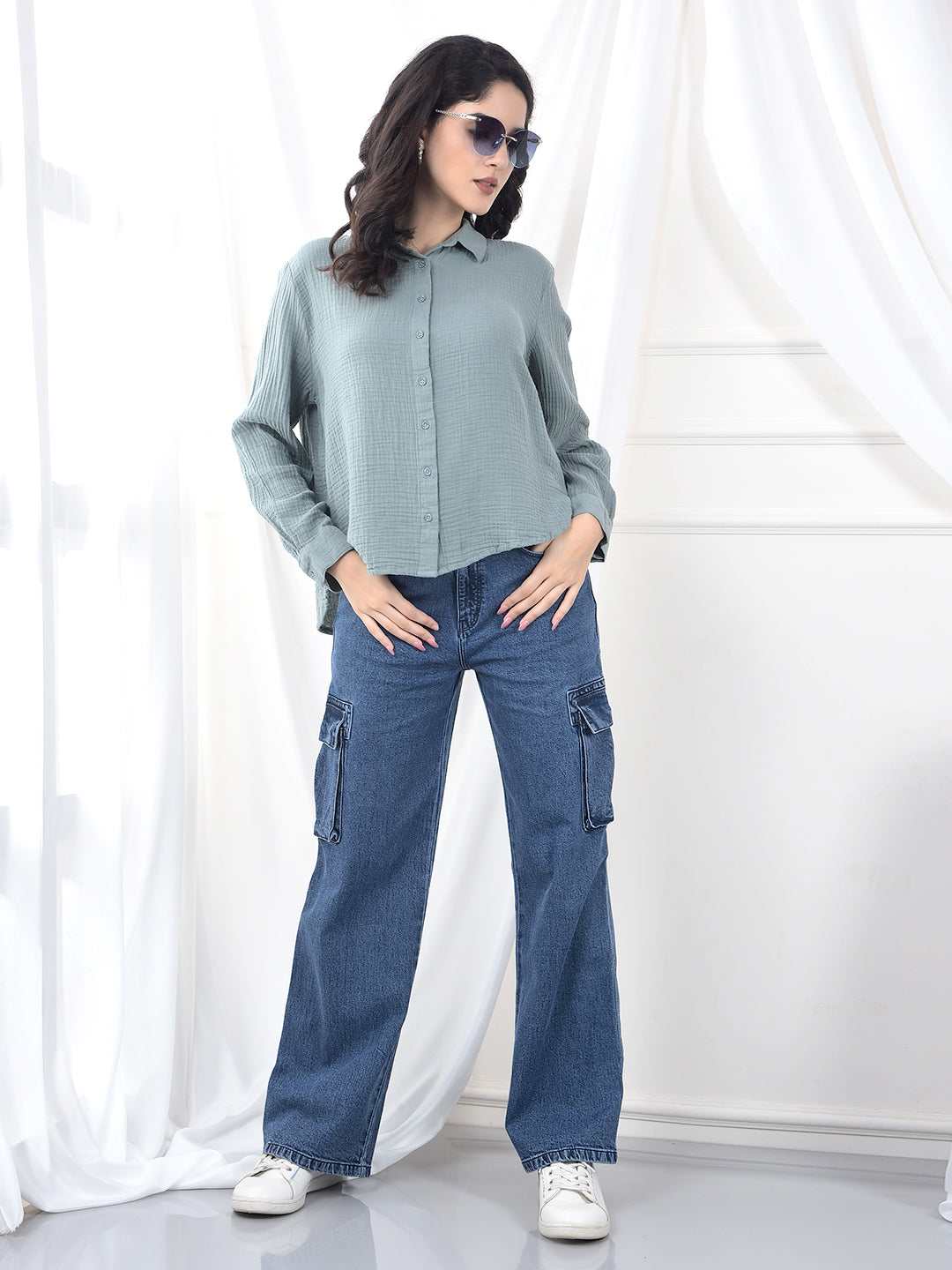 Sage Green Crinkled Textured Slim Fit Shirt