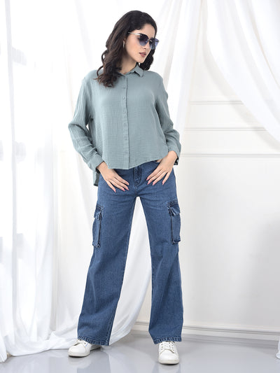 Sage Green Crinkled Textured Slim Fit Shirt