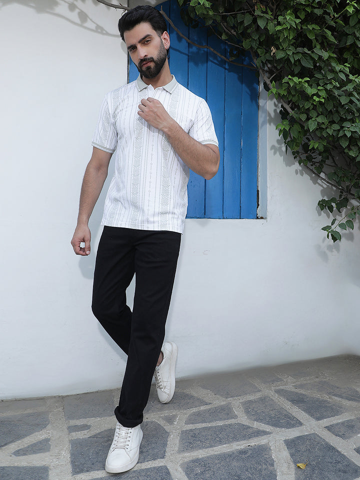 Green Botanical Print Polo Neck T-Shirt