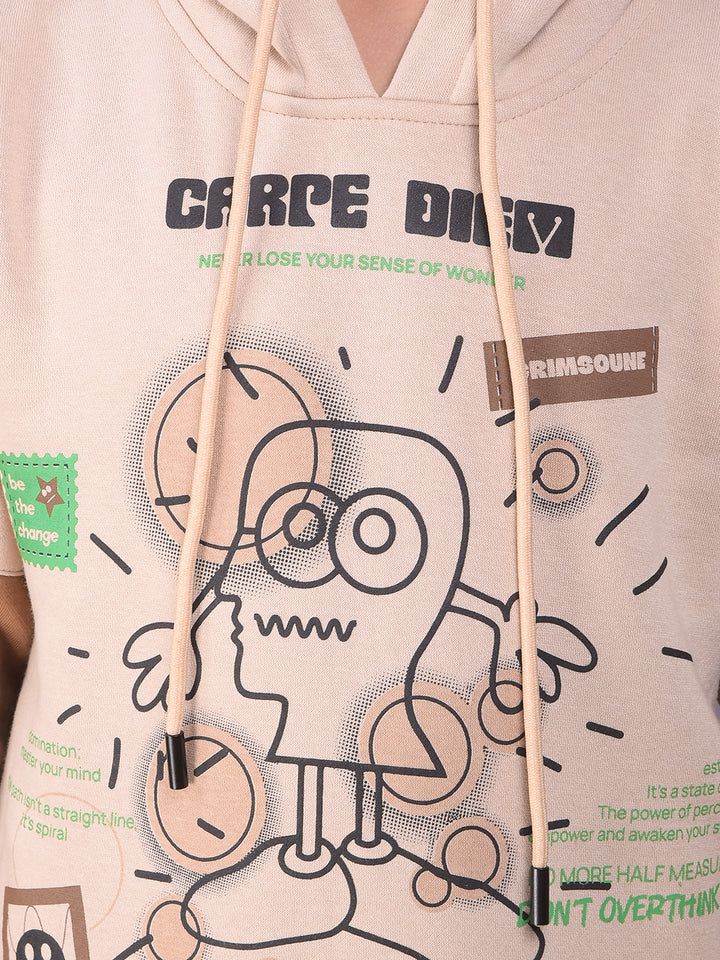 Beige Graphic Print Hooded Neck Sweatshirt