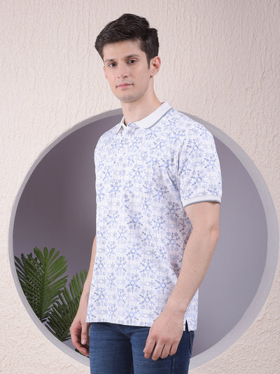 Blue Floral Print Polo-Neck T-Shirt