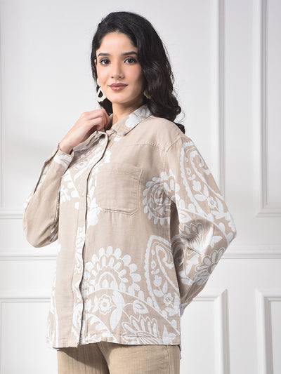 Beige Floral Print Linen Shirt