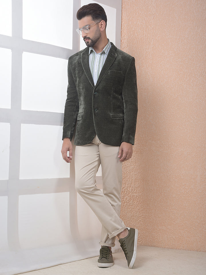 Green Notched Lapel Corduroy Blazer
