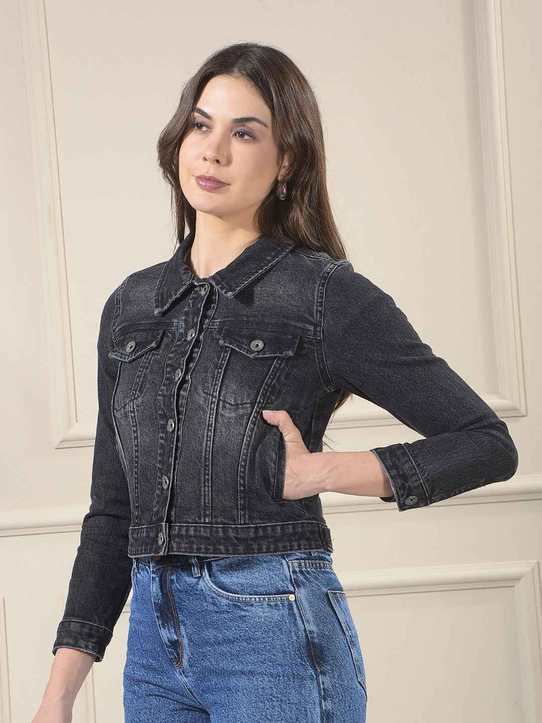 Black 100% cotton Crop Denim Jacket