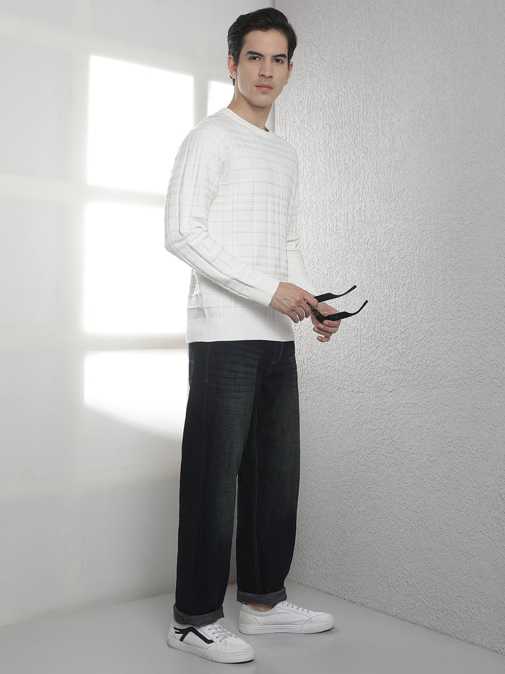 White Jacquard Round Neck Sweater