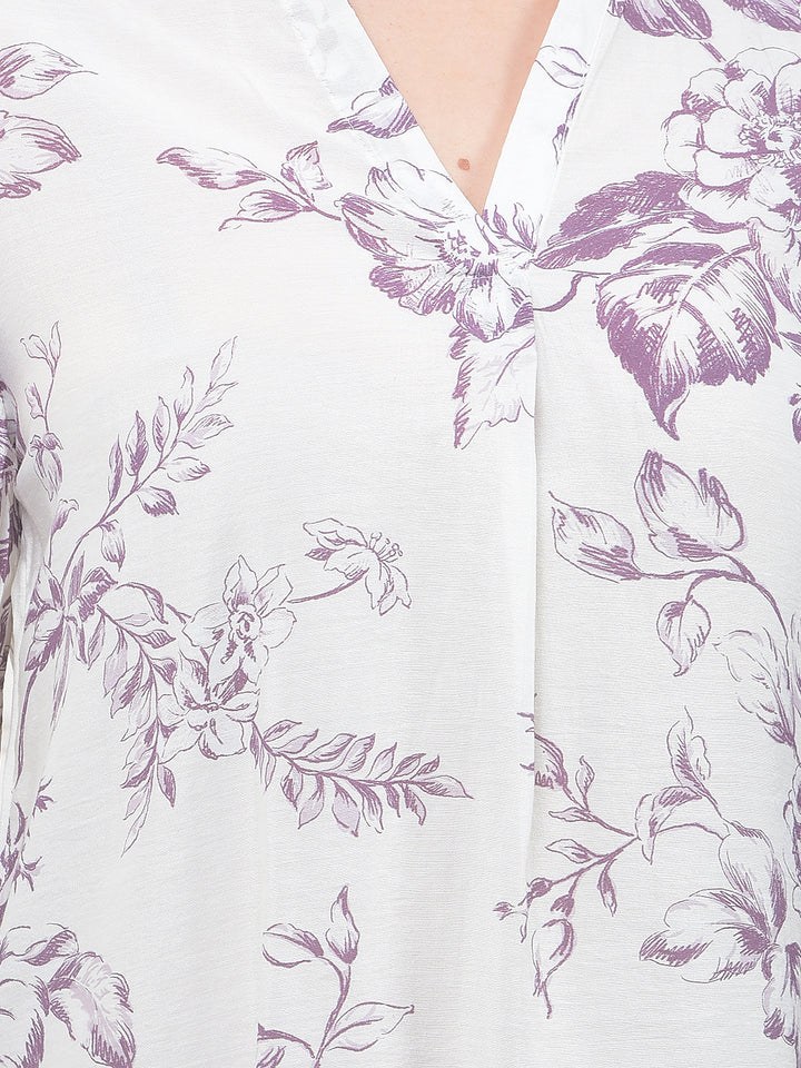 Purple Floral Print V-Neck Top