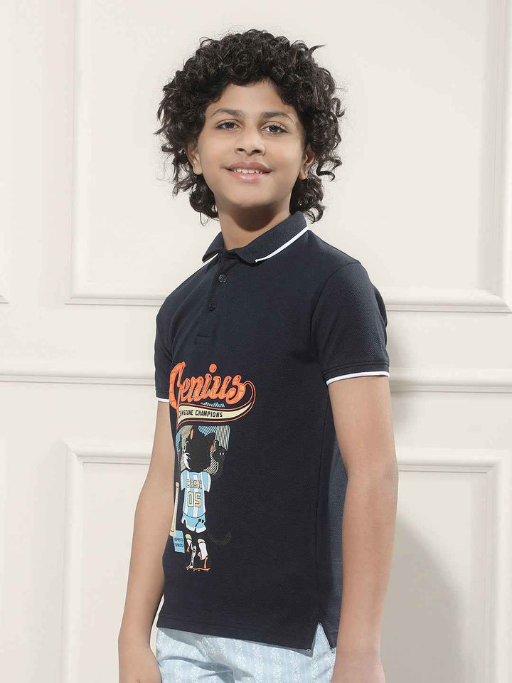 Navy Blue Graphic Print Polo Neck T-Shirt