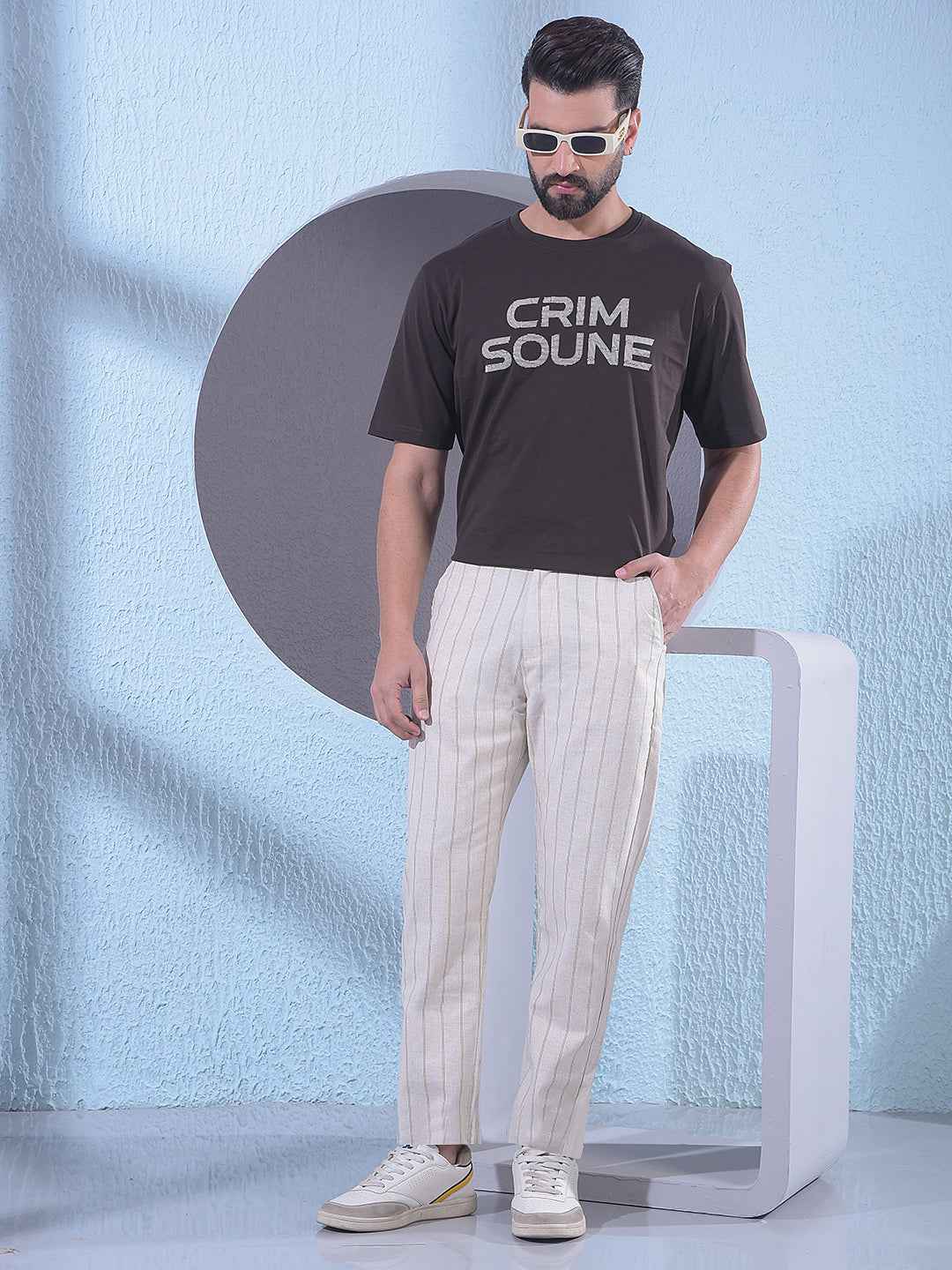 Beige Vertical Stripes Trousers