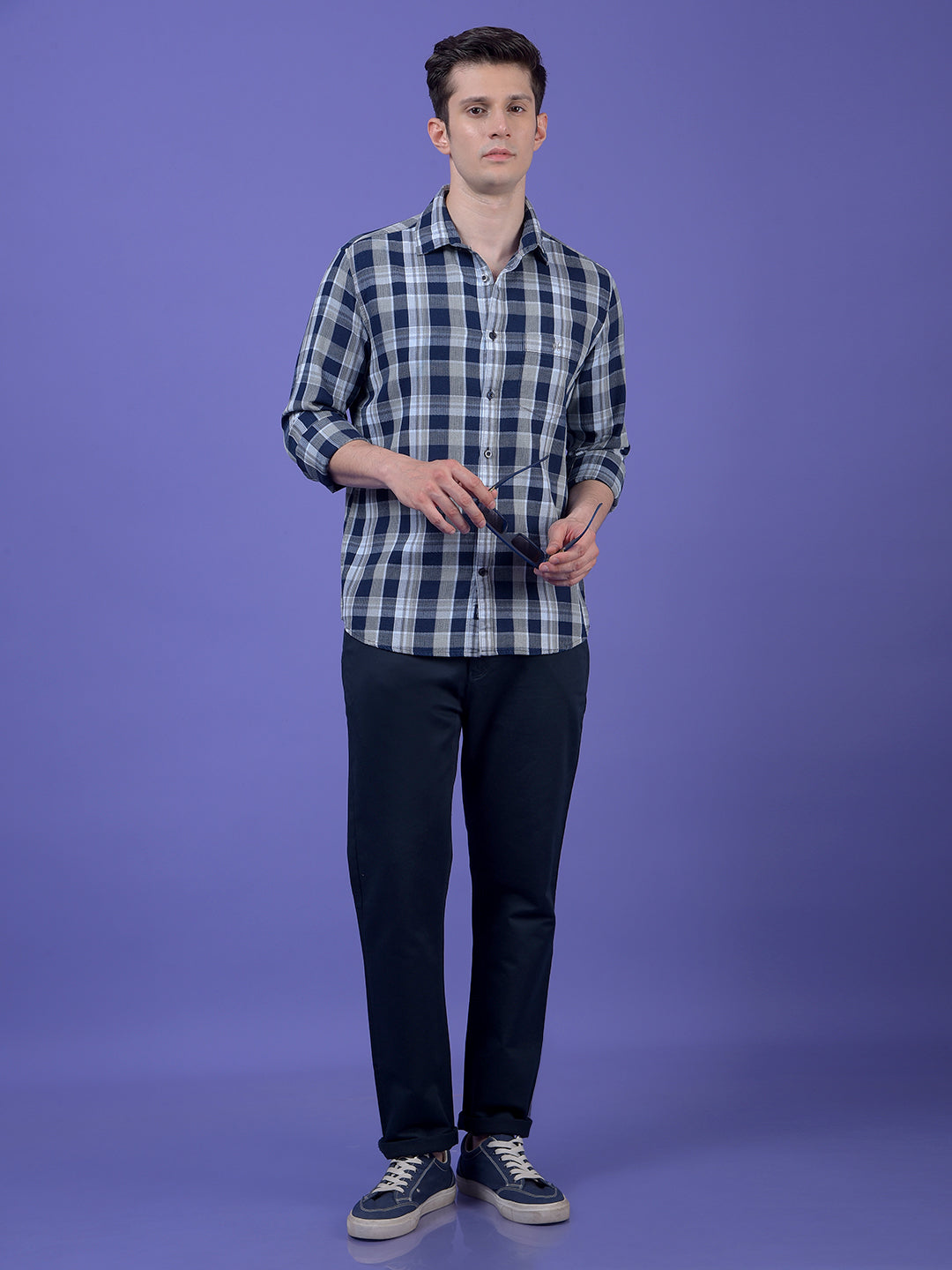 Navy Blue Checked 100% Cotton Shirt
