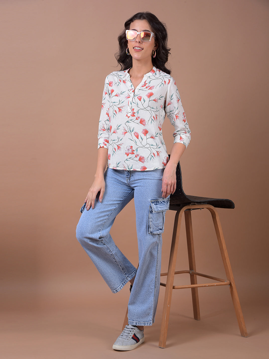 Green Floral Print V-Neck Linen Top