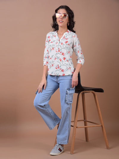 Green Floral Print V-Neck Linen Top