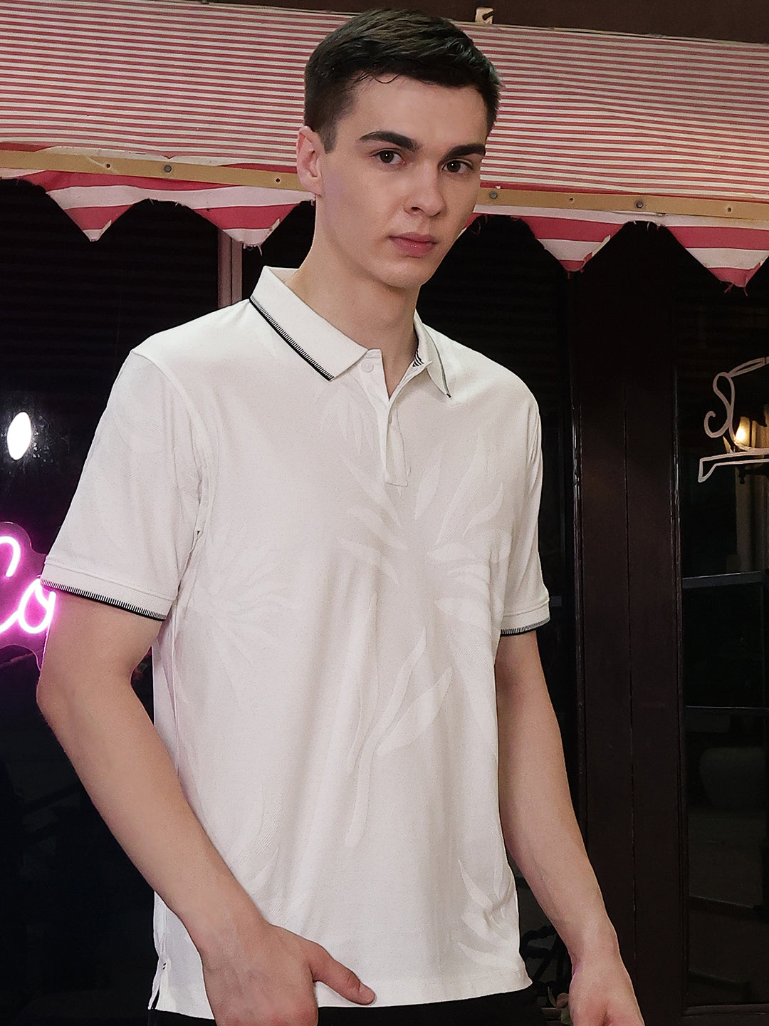 White Jacquard Polo Neck T-Shirt