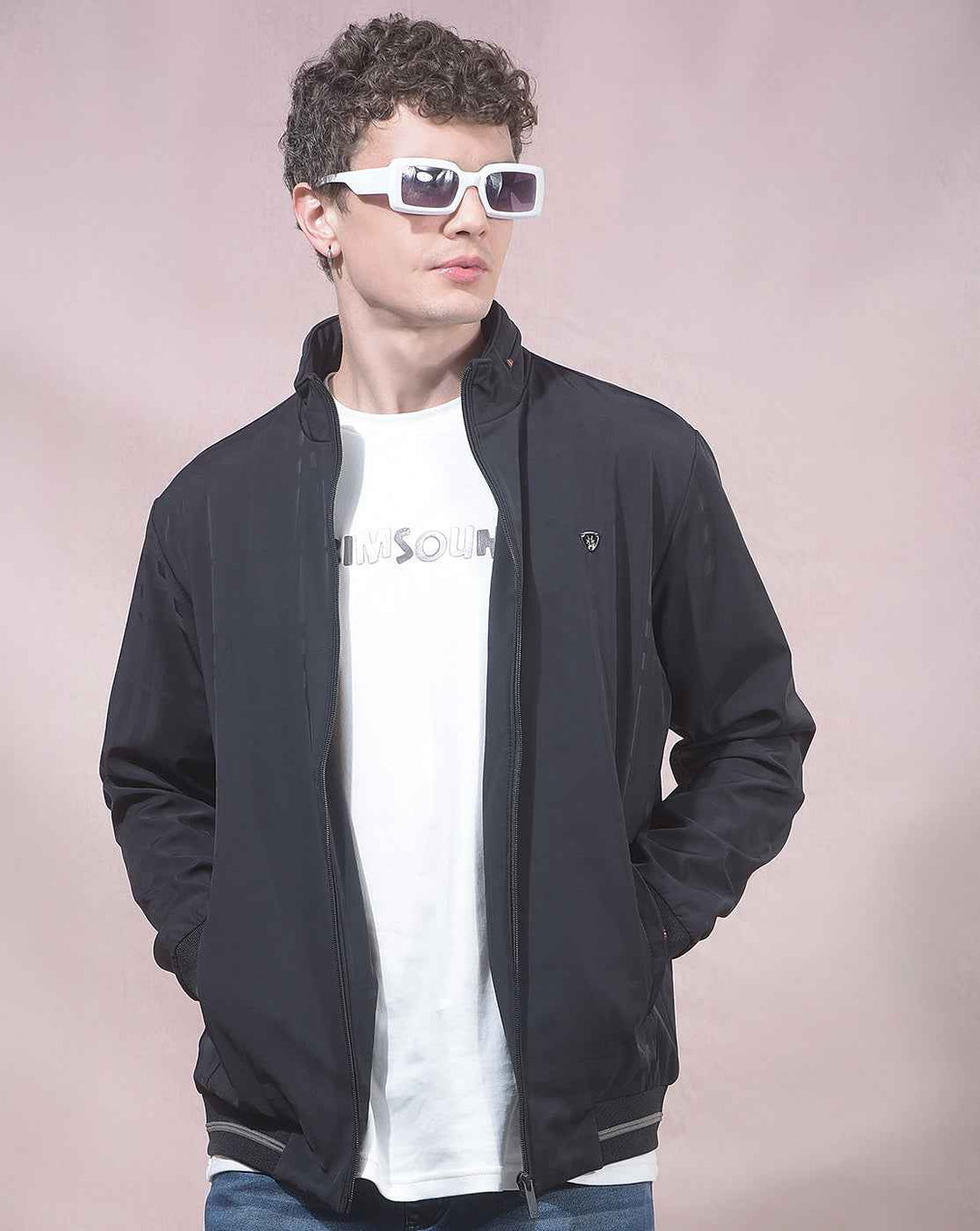 Checked Black High Neck Bomber Jacket