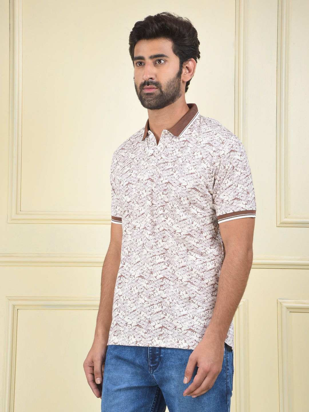 Brown Printed Polo Neck T-Shirt