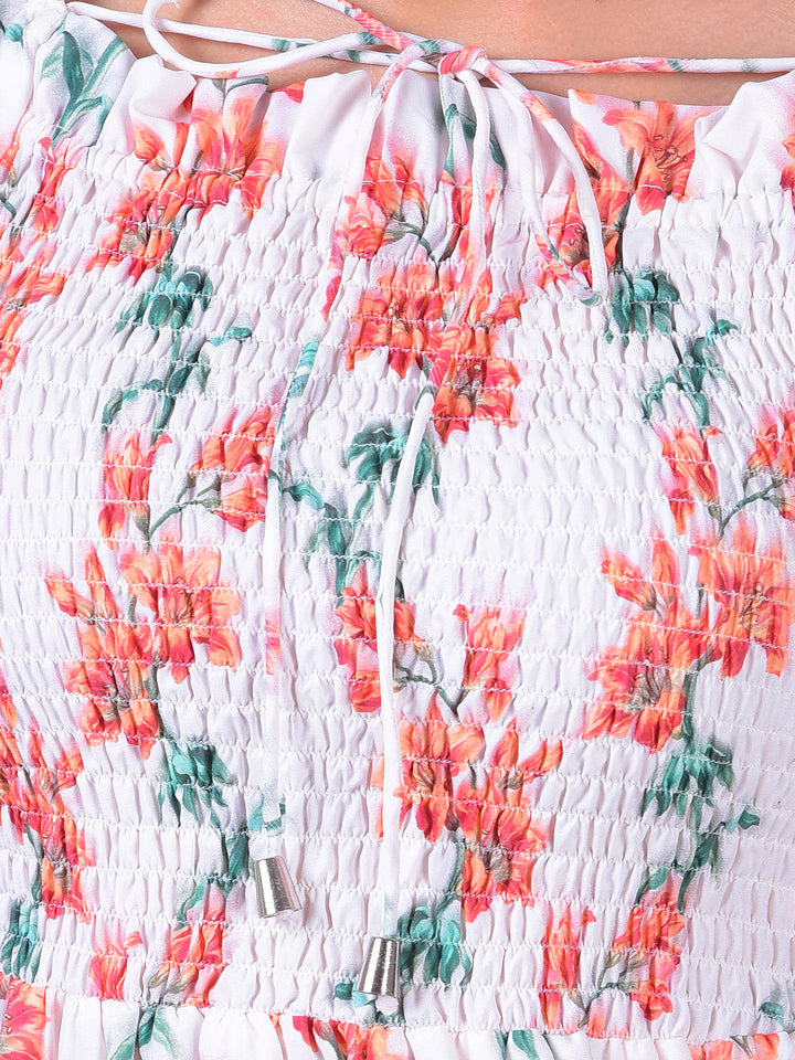White Floral Print Square Neck A-Line Dress