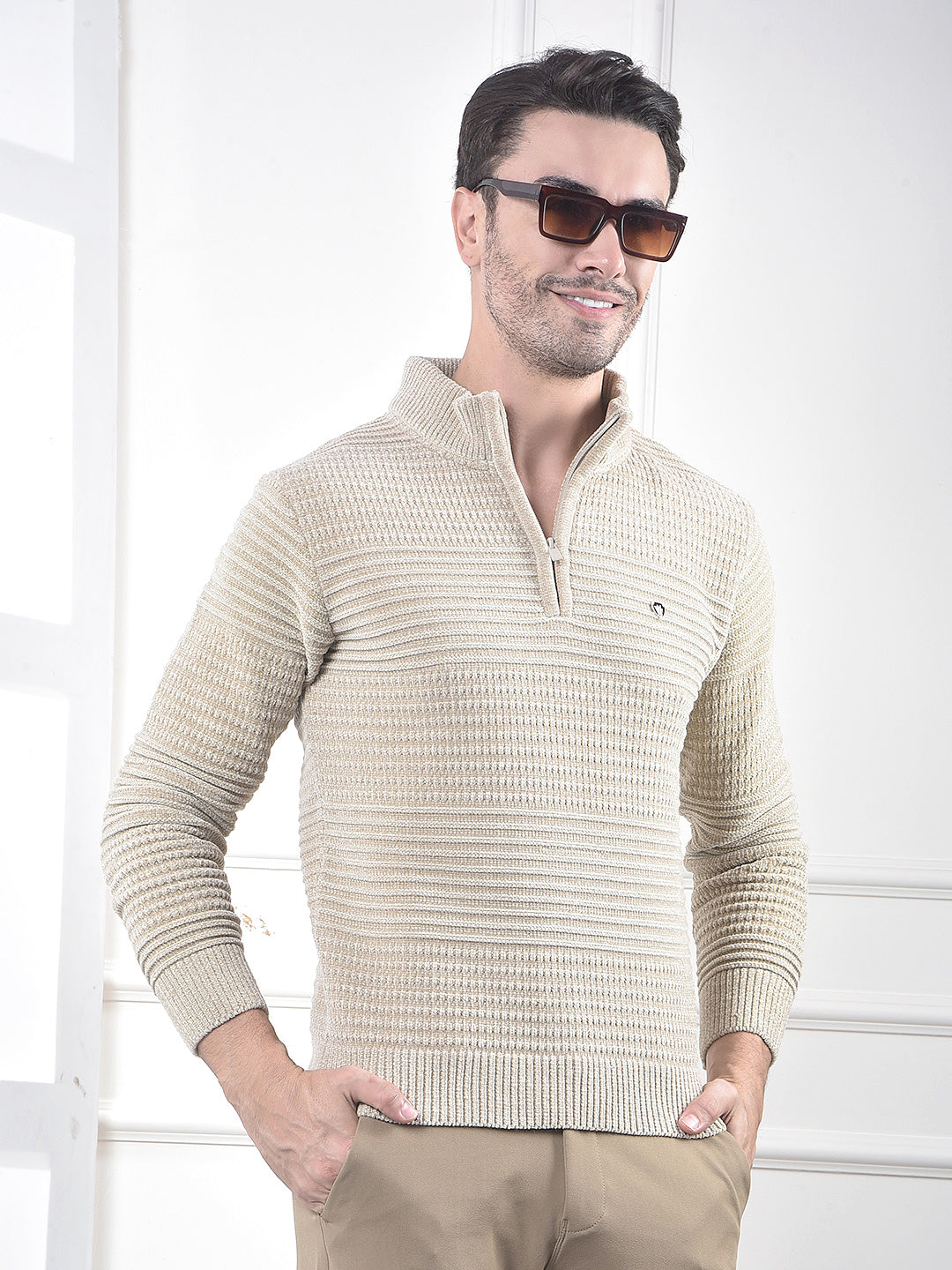 Beige Jacquard High Neck Sweater