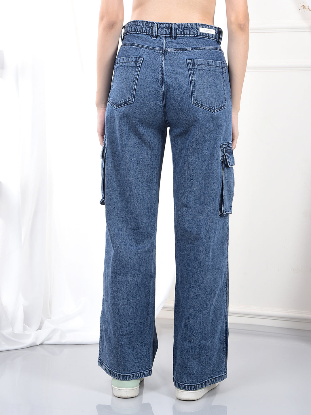 Blue Wide Leg 100% Cotton Cargo Jeans