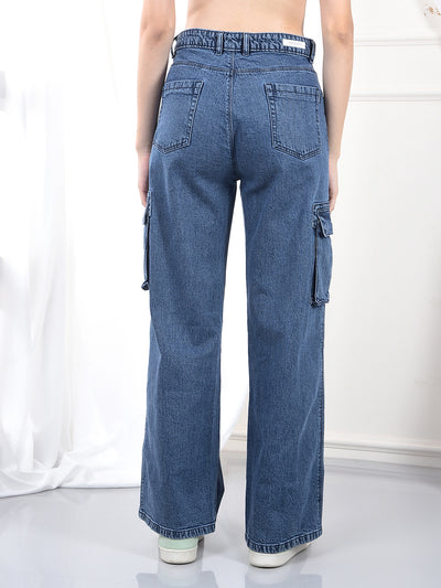 Blue Wide Leg 100% Cotton Cargo Jeans