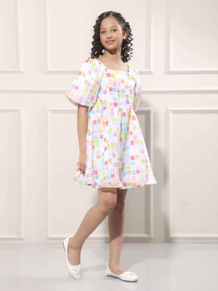 Abstract Print Multicolor Square Neck Dress