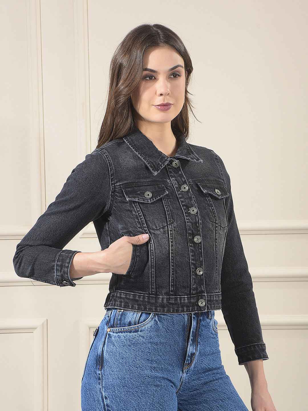 Black 100% cotton Crop Denim Jacket