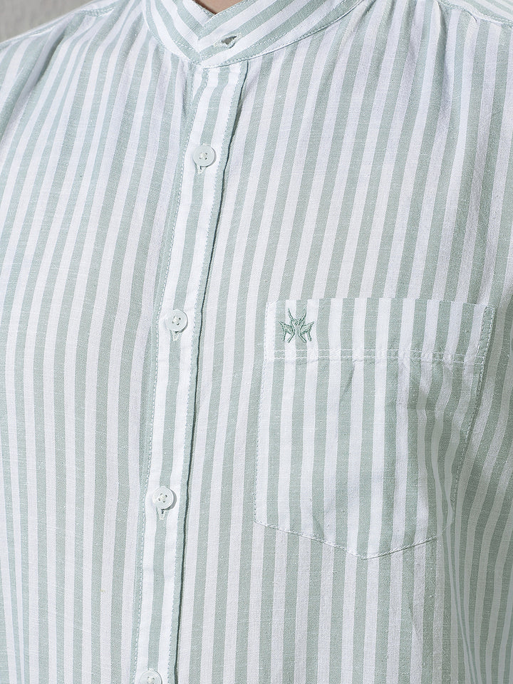 Green Linen Verical Stripes Shirt