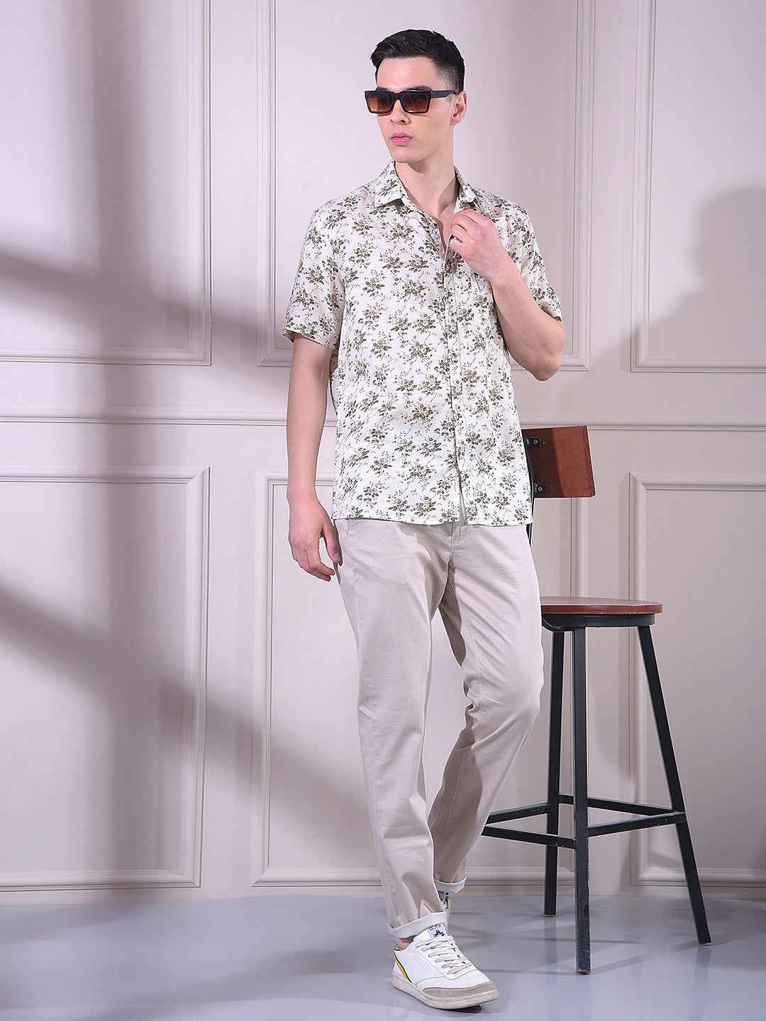 Beige Linen Floral Print Shirt