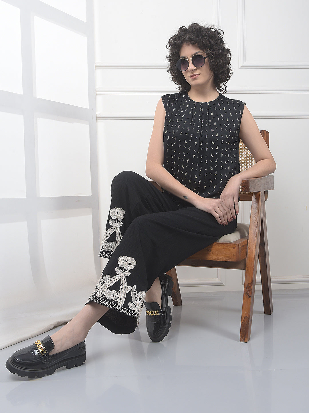 Black Embroidered Wide Leg Casual Trousers