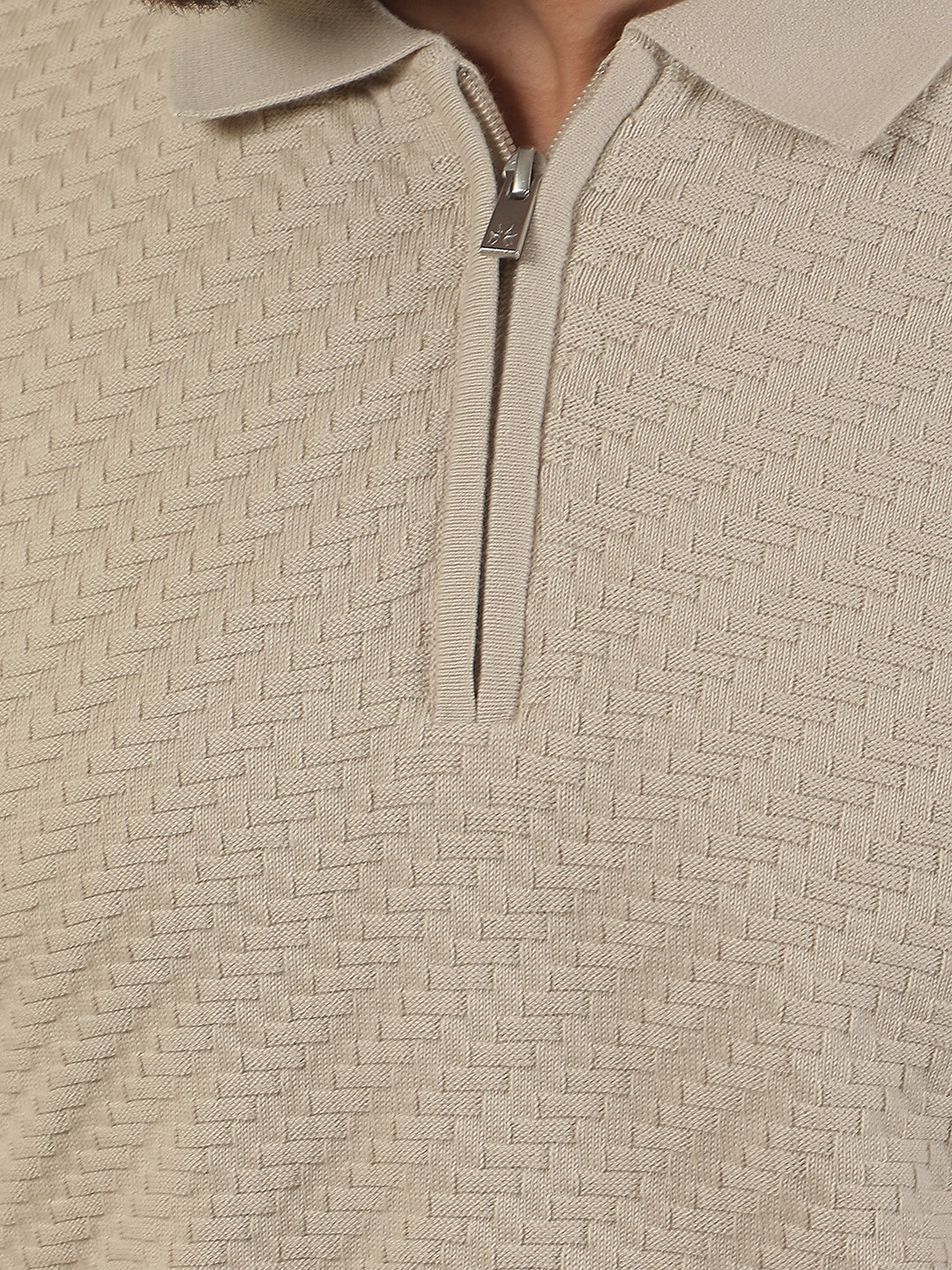 Beige 100% Cotton Knitted Polo Neck Sweater