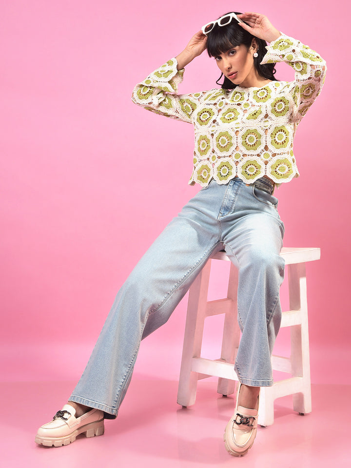 Green Embroidered Crochet Top-Women Tops-Crimsoune Club