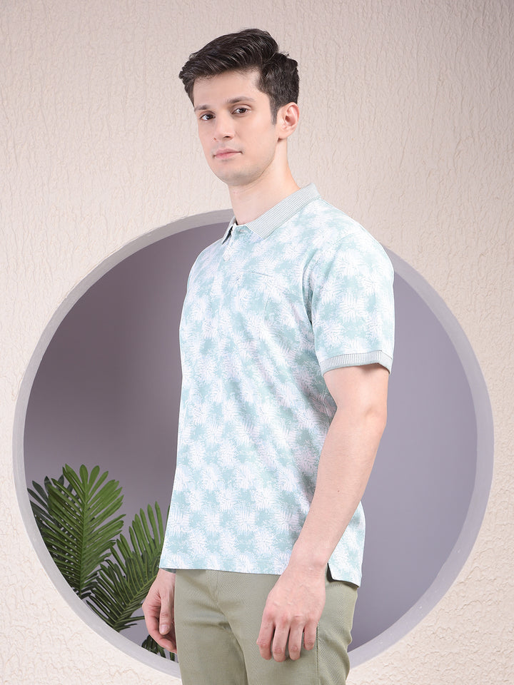 Green Printed Polo Neck 100% Cotton T-Shirt