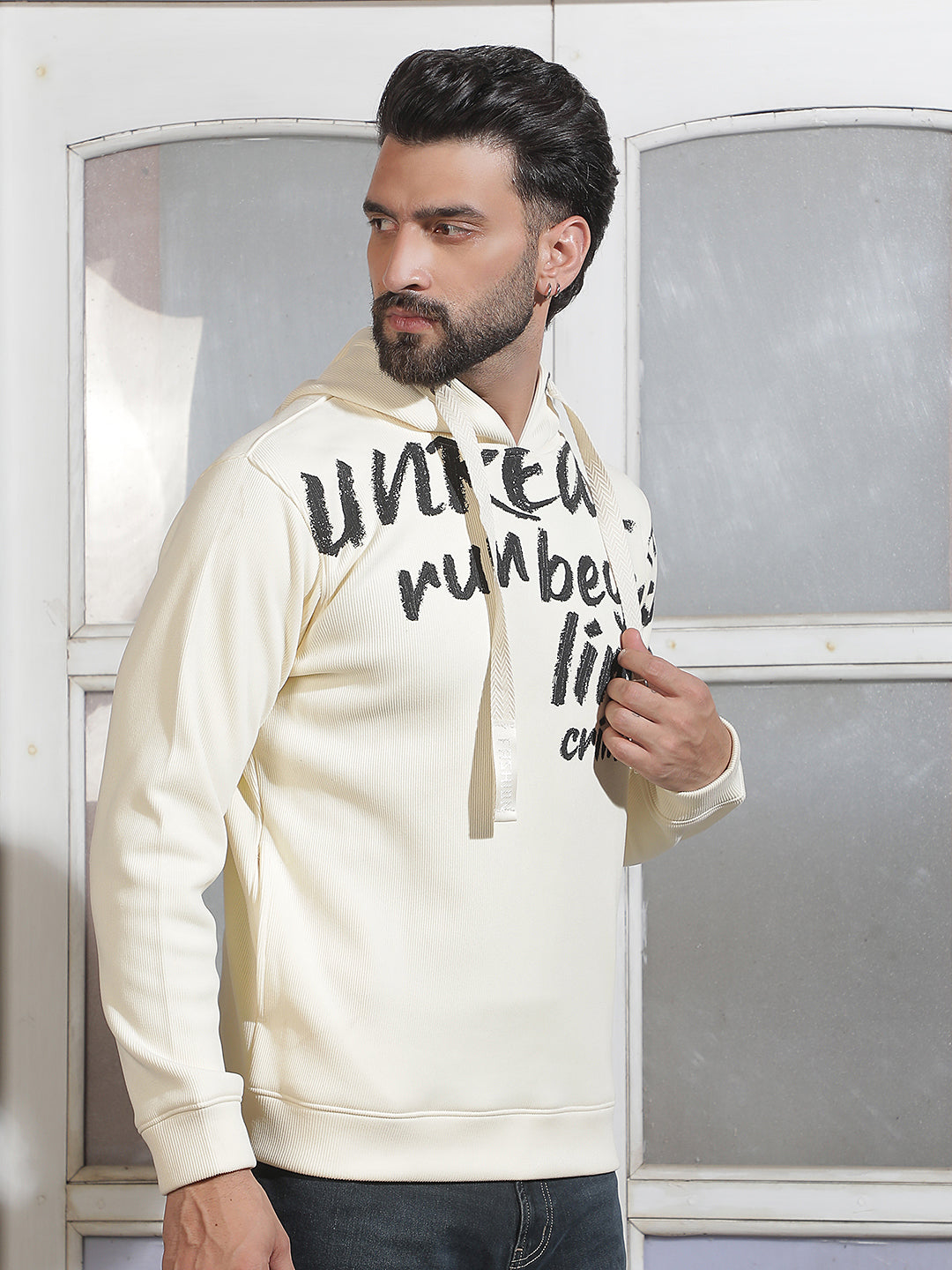 Off White Typographic Print Hooded Neck Sweatshirt