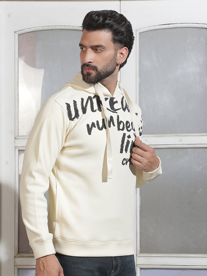 Off White Typographic Print Hooded Neck Sweatshirt