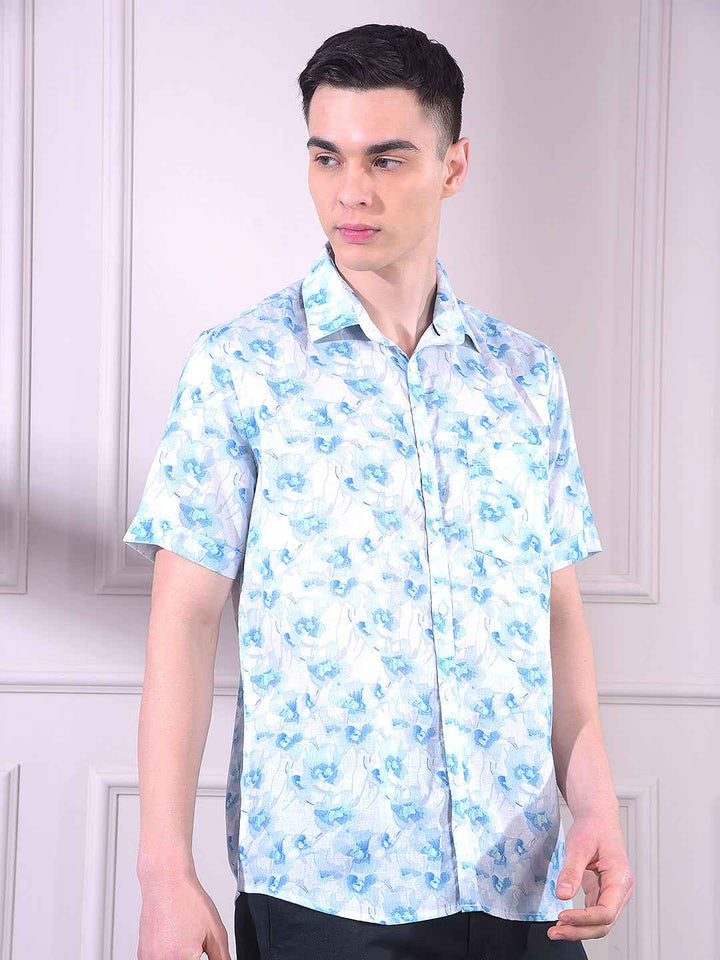 Blue Linen Floral Print Shirt