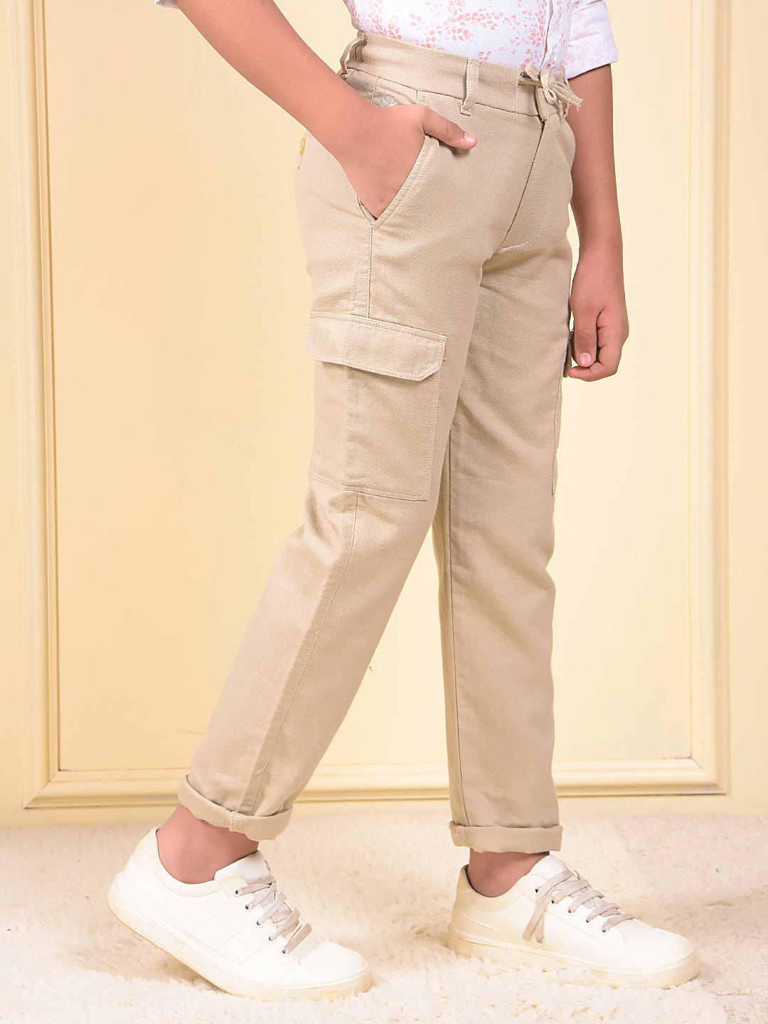 Beige 100% Cotton Cargo Trousers