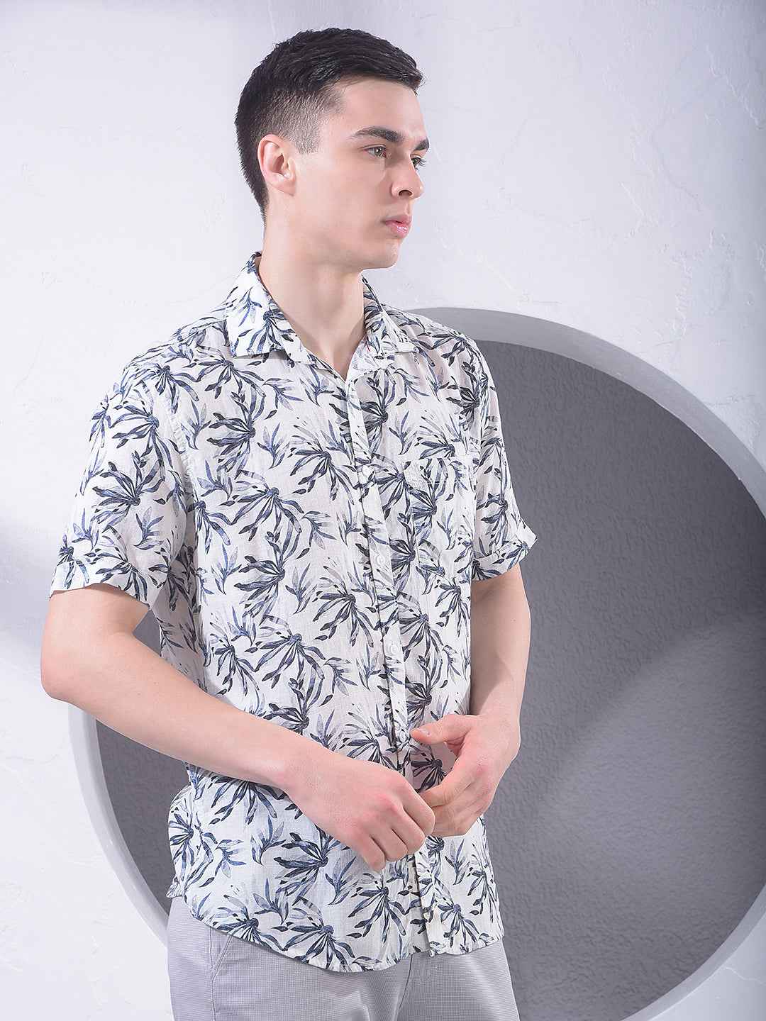 Blue Floral Print Linen Shirt