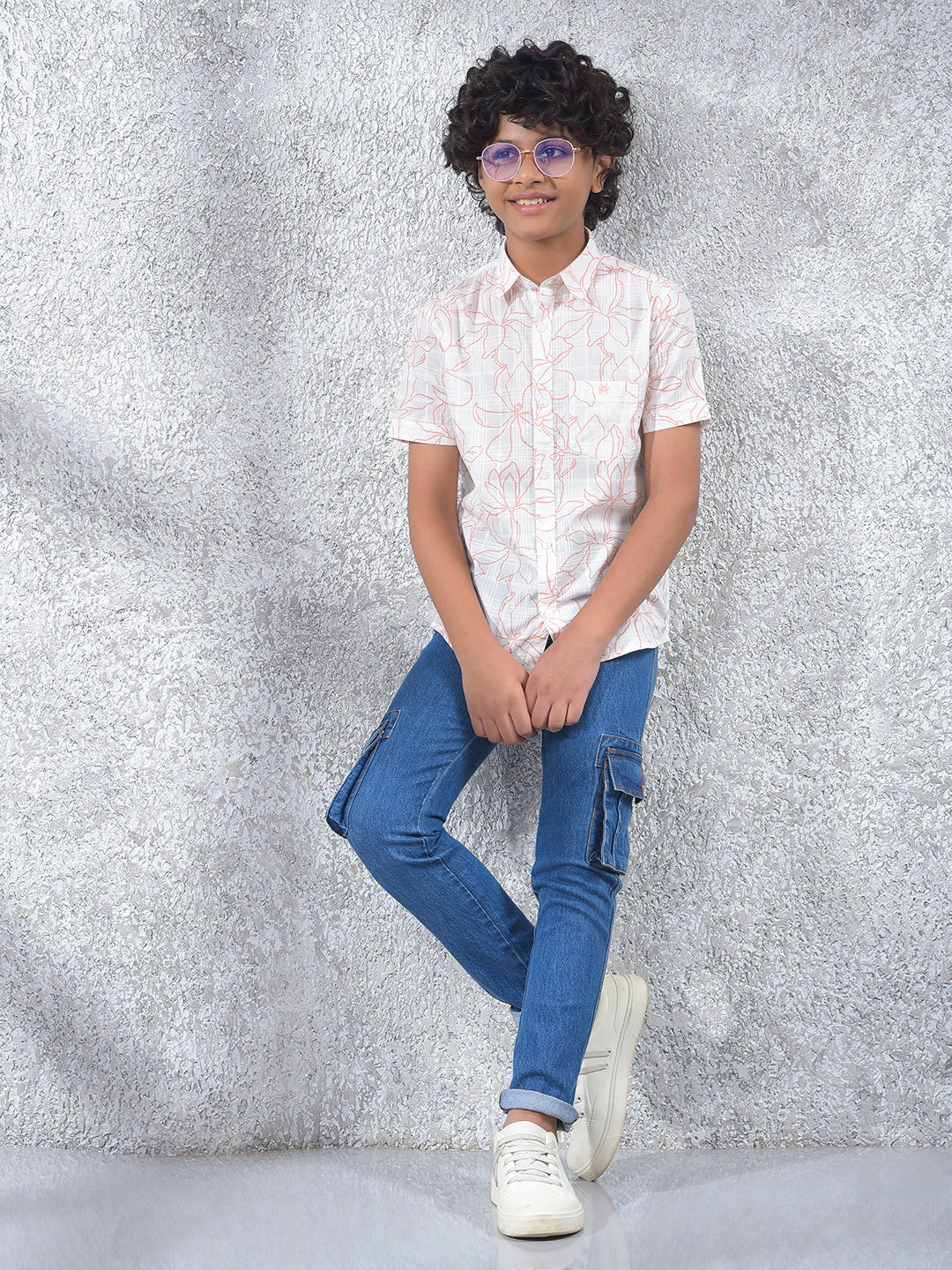 White Floral Print 100% Cotton Shirt-Boys Shirts-Crimsoune Club
