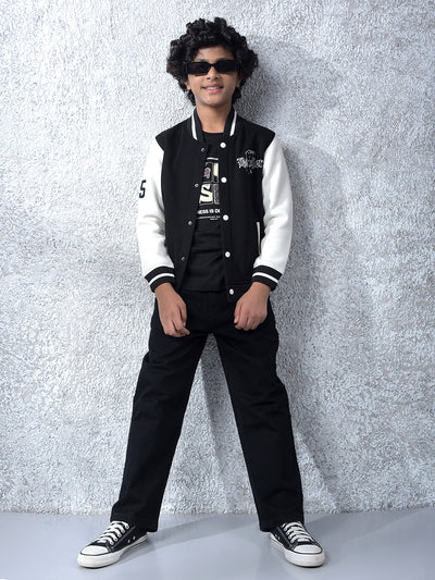 Black Color-Block Varsity Jacket